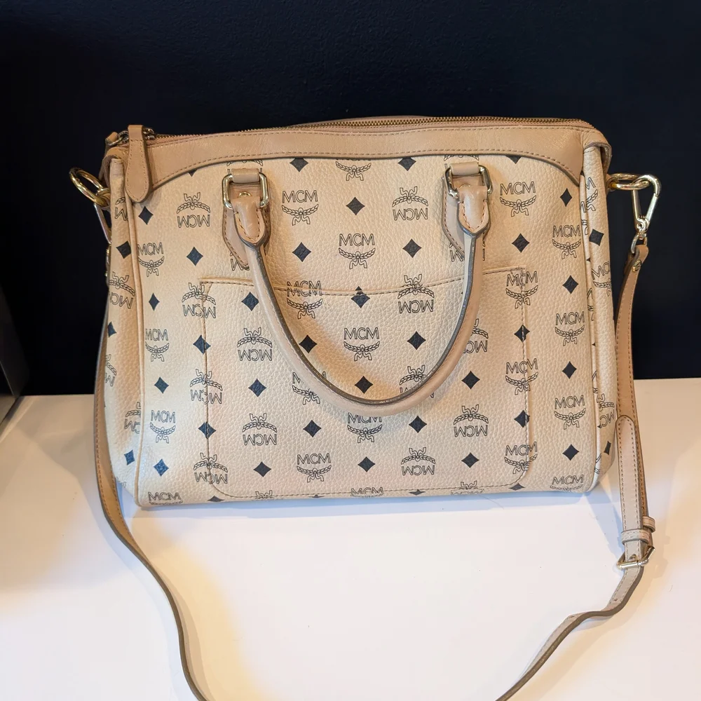 MCM Cream and Pink Satchel with Monogram Print - Picture 2 of 12
